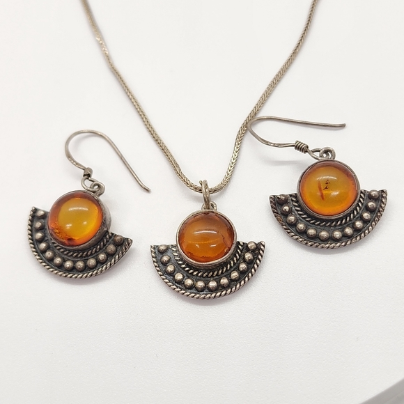 Vintage Boma 925 Sliver Amber Pendant & Earrings - Picture 1 of 14